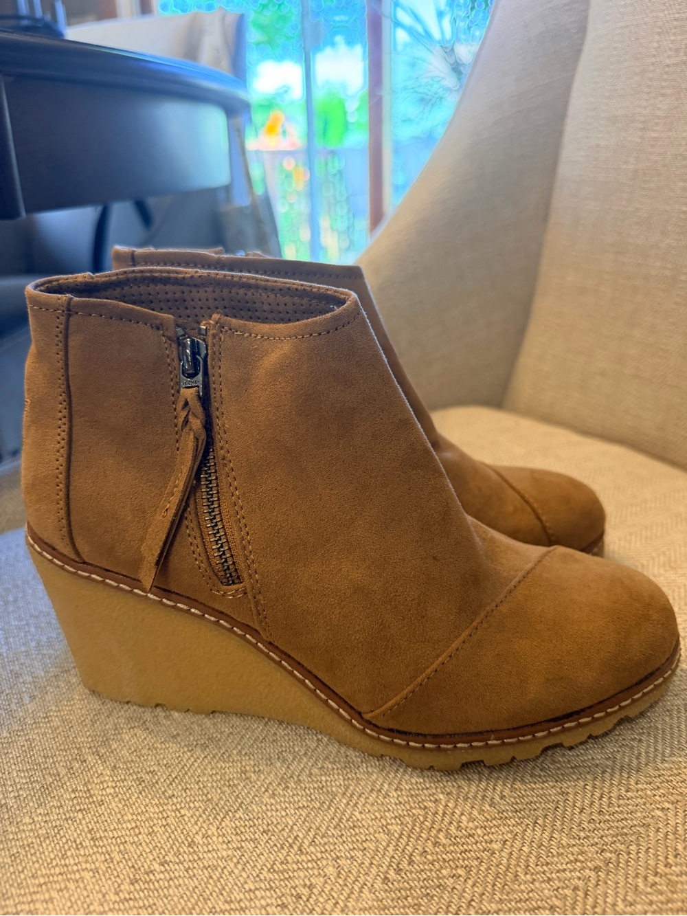 Toms Brown Suede Wedge Ankle Booties with Side Zip